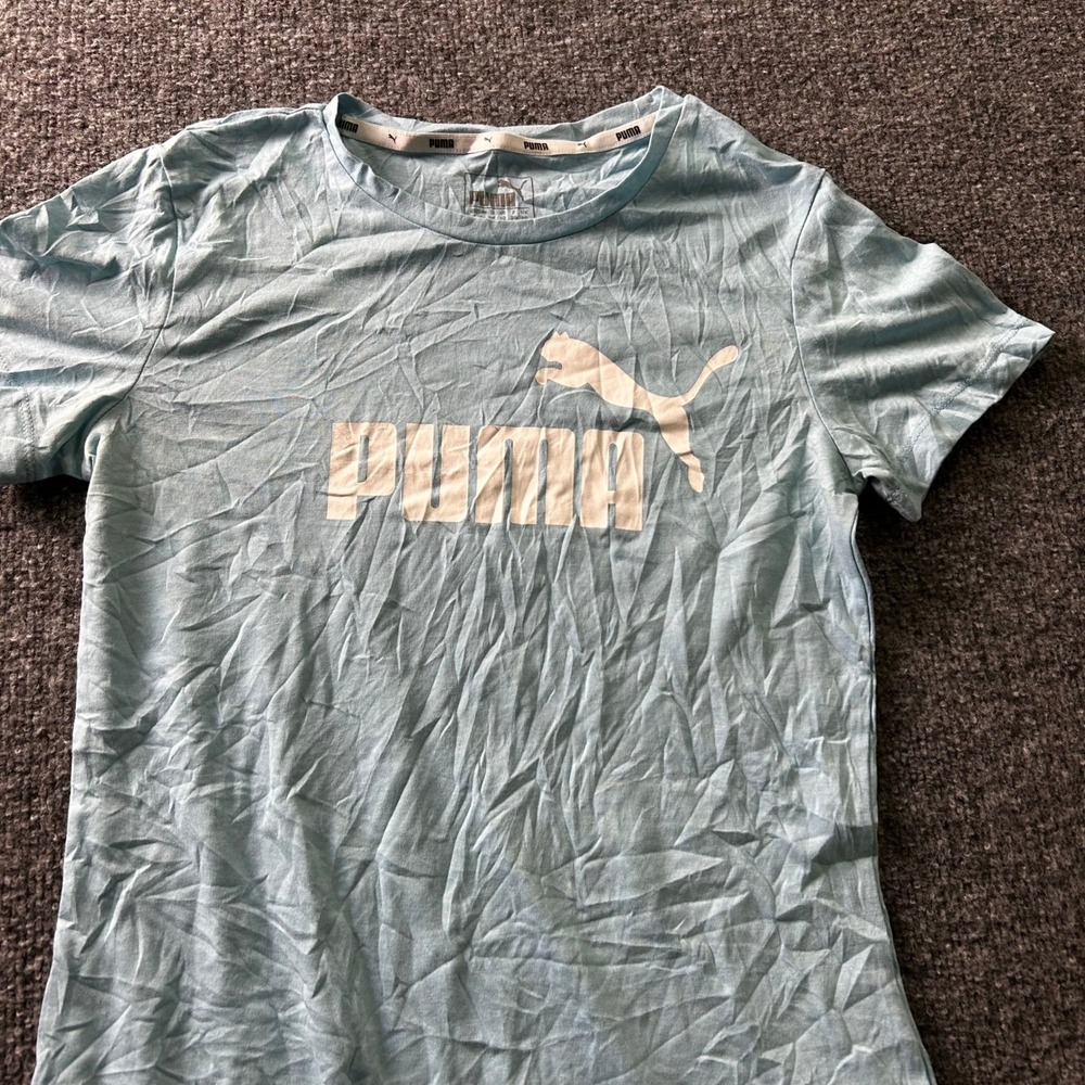 Puma T-Shirt Womens Size S Light Blue Graphic Logo Slim Fit Athletic
